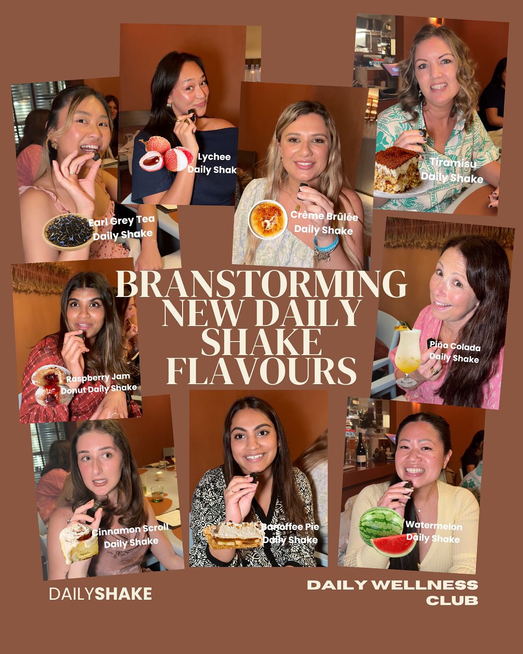 Collage of women enjoying various Daily Shake flavors with text overlay on a brown background.