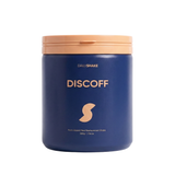 Blue container with a wooden lid labeled 'Daily Shake Discoff' on a white background