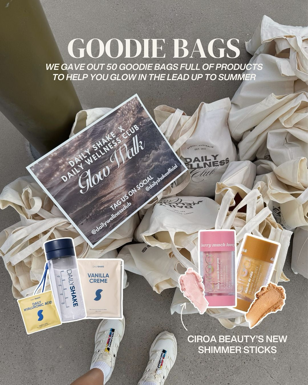 Goodie bags with Daily Wellness Club products, Daily Shake Vanilla Protein, Daily Shake Vanilla Latte and Ciroa Beauty shimmer sticks 