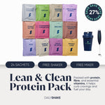 A promotional image featuring a collection of 24 protein shake sachets in various flavors, with a free shaker and mixer included. The sachets are displayed in a grid arrangement with a ' Lean & Clean Protein Pack' title and additional details about the product.