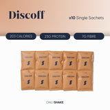 The image displays a pack of Discoff single sachet shakes. It provides nutritional information per sachet, highlighting 203 calories, 23g protein, and 7g fibre.