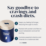 Dairyshake container with text about cravings, crash diets, and product benefits on a white background