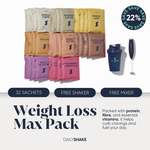 DailyShake weight loss max pack with various flavors and free shaker and mixer offer.