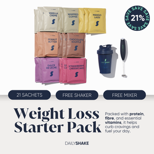 Daily Shake weight loss starter pack with various flavors and a free shaker and mixer.