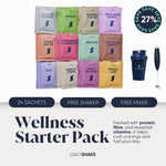 An advertisement for Daily Shake's Wellness Starter Pack, featuring an array of flavored sachets in various colors, with a shaker and mixer included as part of the package.