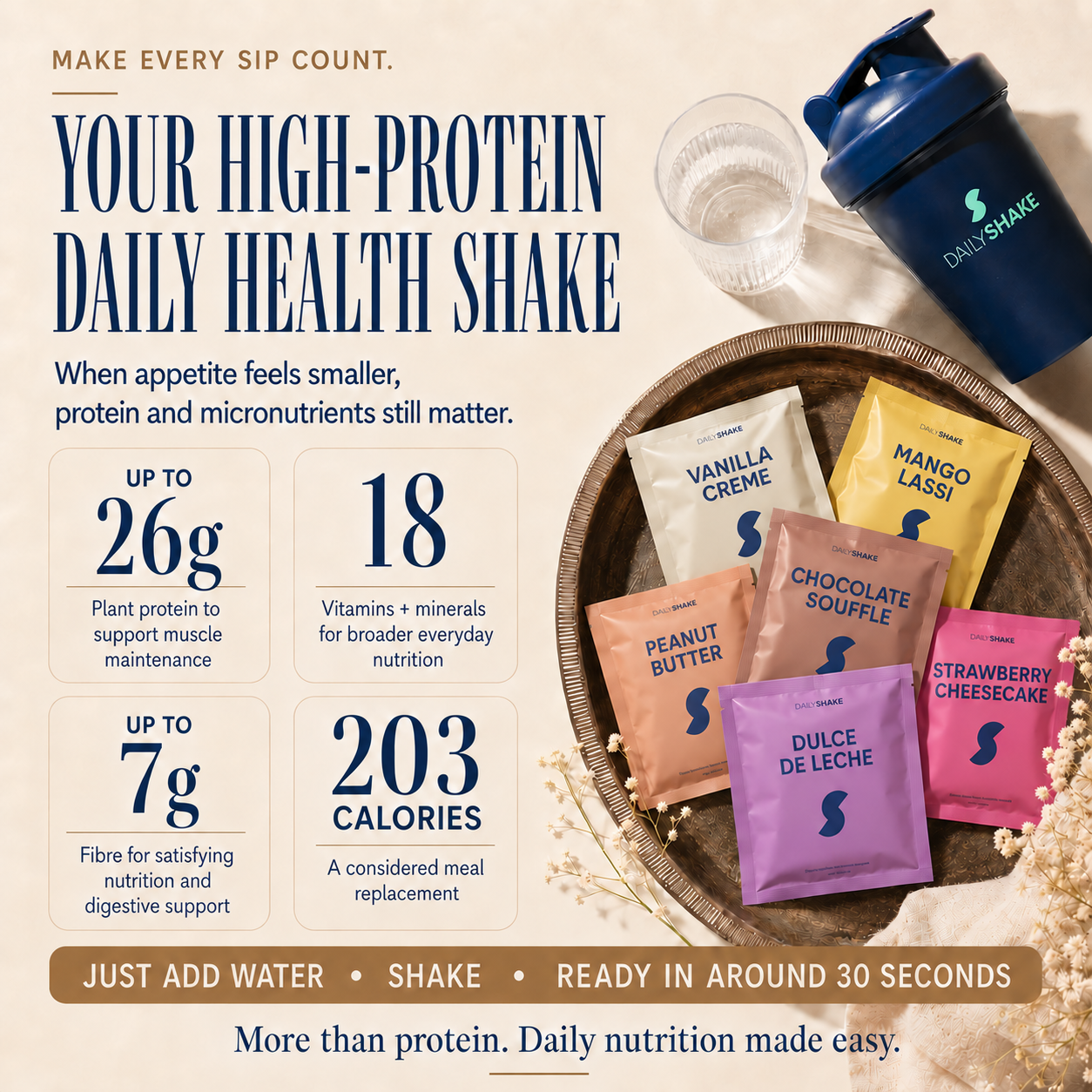 Daily Shake high-protein meal replacement sachets with up to 26g protein and up to 7g fibre