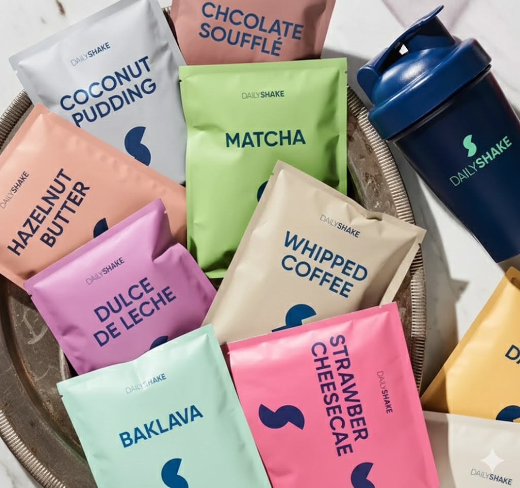 Assorted DailyShake protein powder packets in various flavors with a shaker bottle.