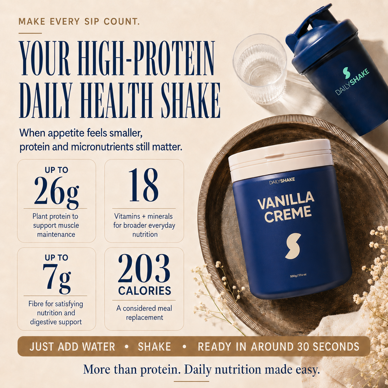Vanilla Creme Daily Shake high-protein daily health shake with vitamins, minerals and fibre